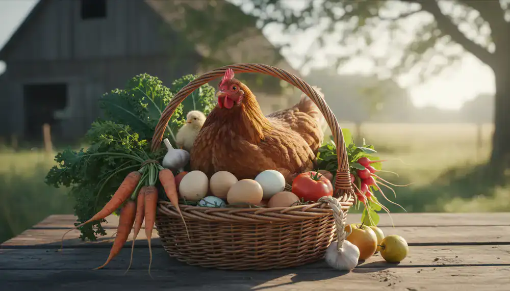 Panier de produits fermiers avec volaille et œufs frais