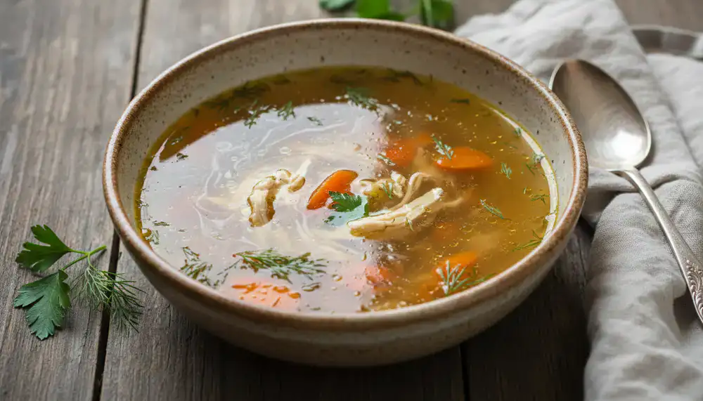 Bouillon de volaille doré et perlé dans un bol rustique